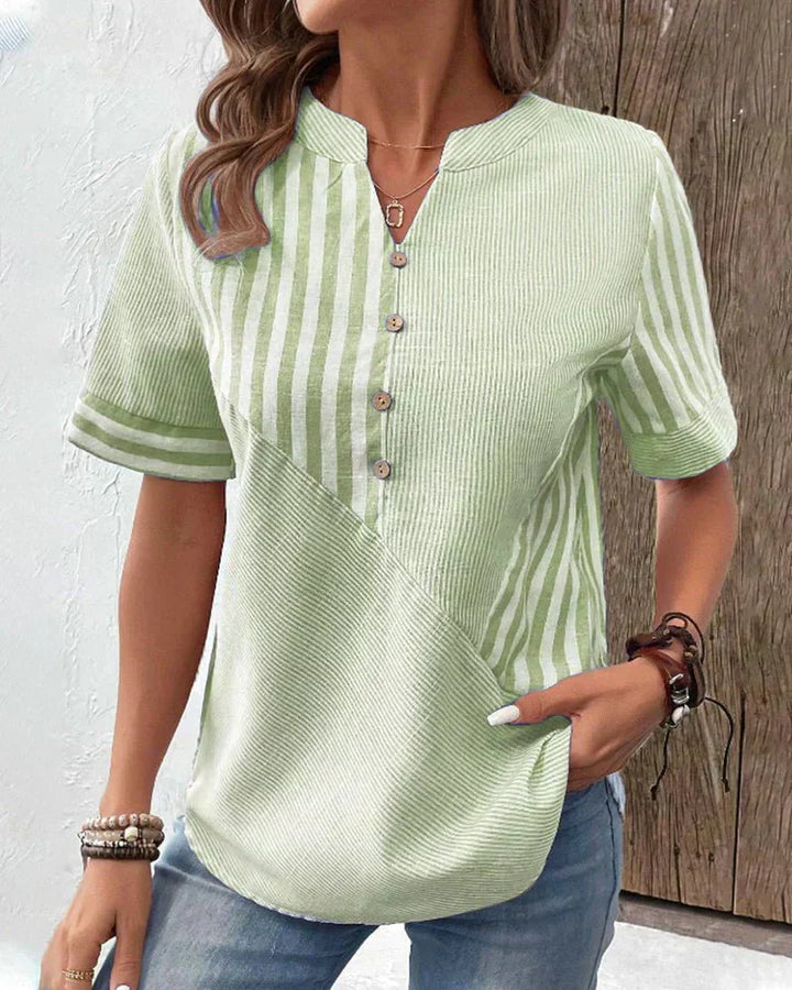 Polly | Striped Top with V Neckline and Button Detail