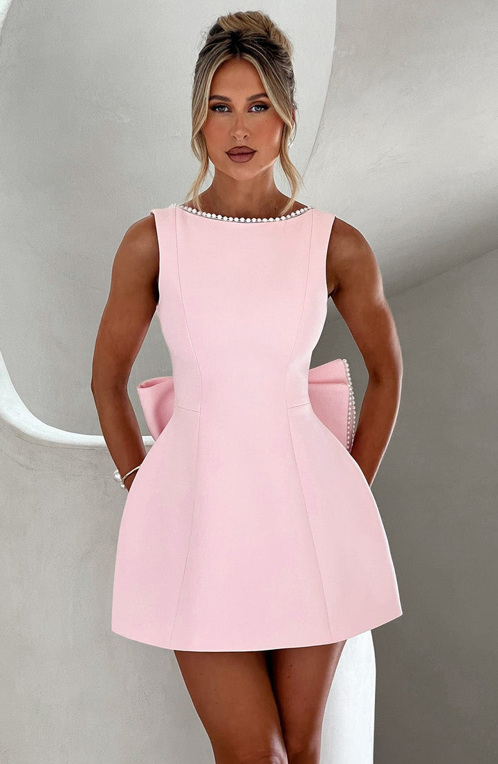 Amber | Mini Wedding Guest Dress with Pearl Trim and A-Line Cut