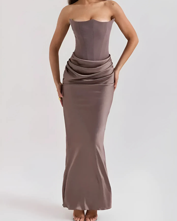 Jade | Maxi Wedding Guest Dress with Corset Bodice and Ruched Waist