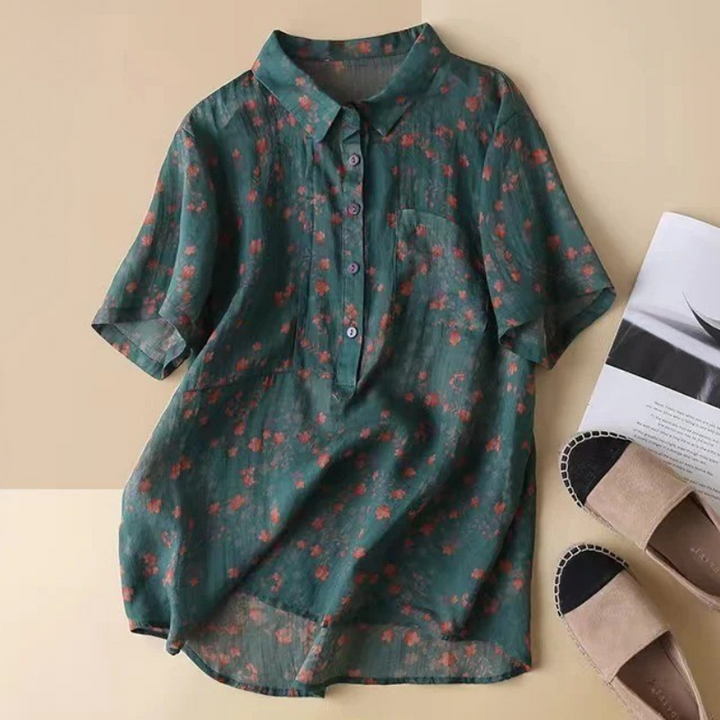 Hana | Floral Print Blouse with Shirt Collar and Short Sleeves
