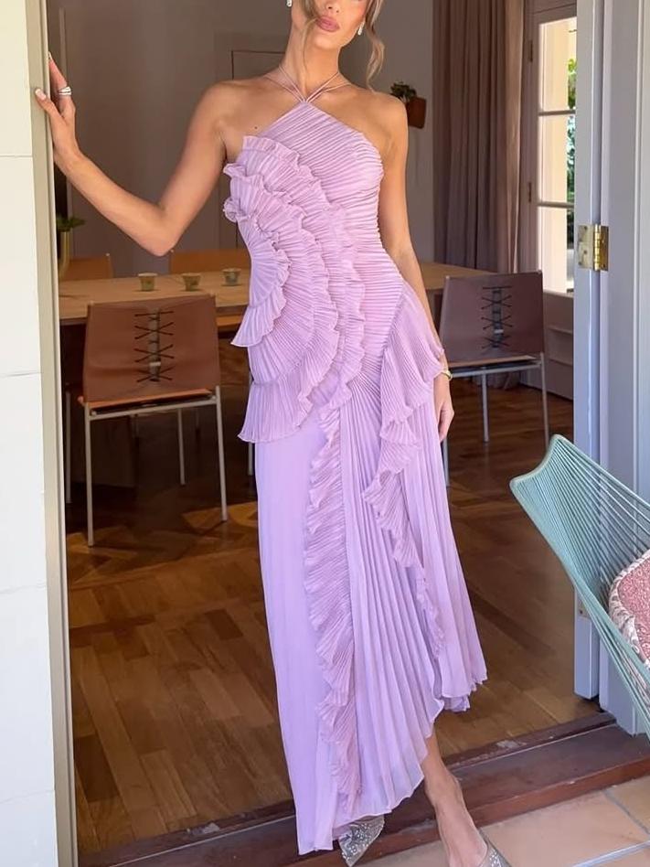 Avery | Maxi Wedding Guest Dress with Halter Neck and Pleated Skirt