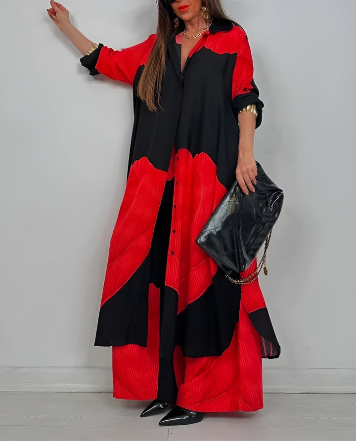Nala | Abstract Print Two-Piece Set with Wide-Leg Trousers and Open Shirt