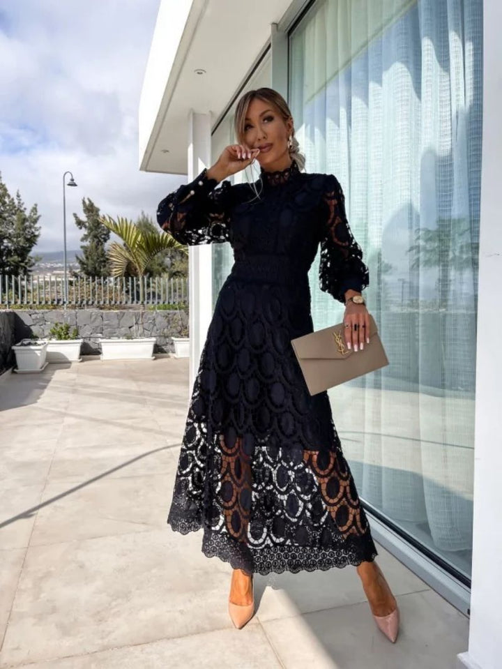 Olivia | Midi Wedding Guest Dress with High Neck and Long Sleeves