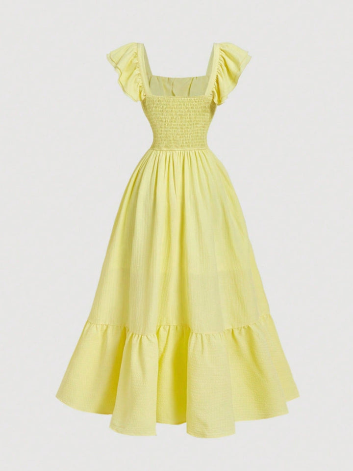 Karen | Midi Summer Dress with Square Neck and Ruffle Sleeves