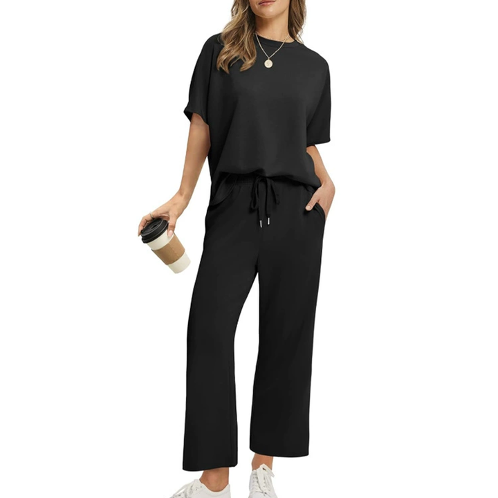 Aurora | Two-Piece Set with Round Neck Top and Wide Leg Trousers