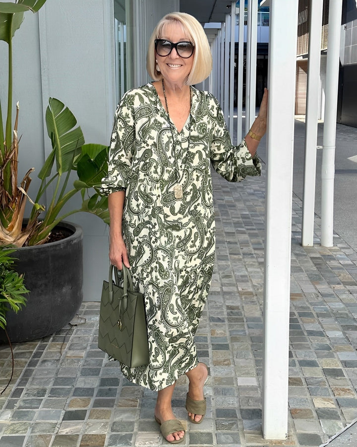 Thea | Midi Summer Dress with Paisley Print and V-Neck
