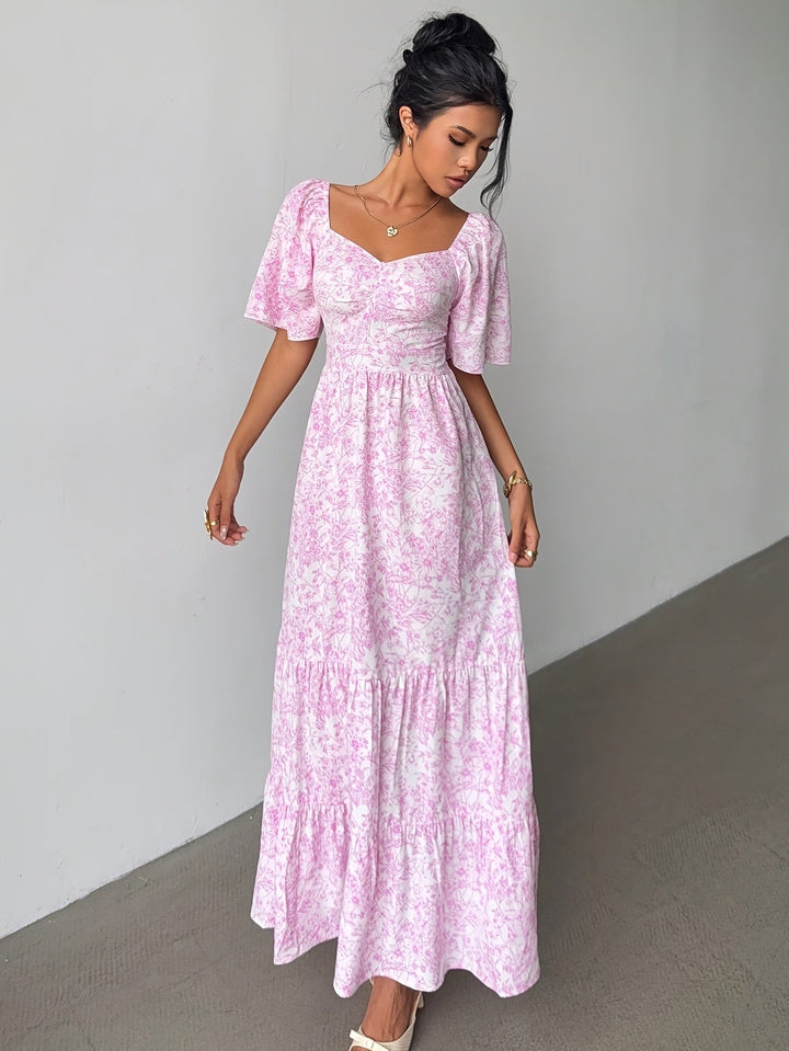Carol | Maxi Wedding Guest Dress with Floral Print and Short Sleeves