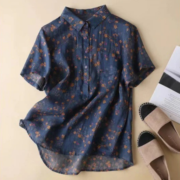Hana | Floral Print Blouse with Shirt Collar and Short Sleeves