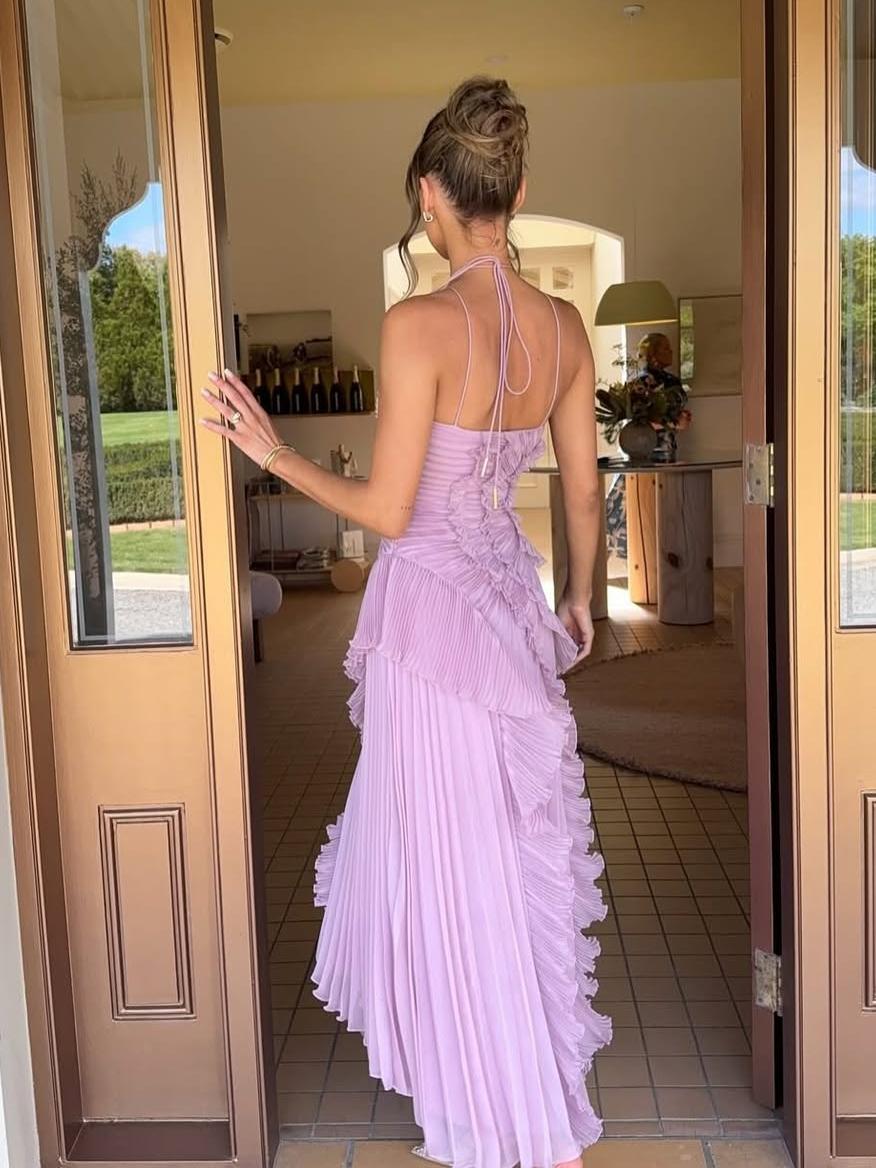 Avery | Maxi Wedding Guest Dress with Halter Neck and Pleated Skirt