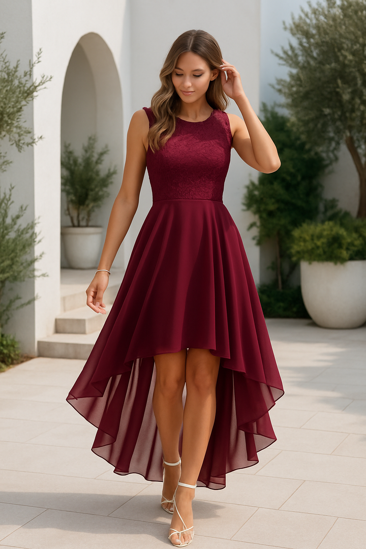 Alexis | Midi Wedding Guest Dress with High-Low Hem and Round Neck