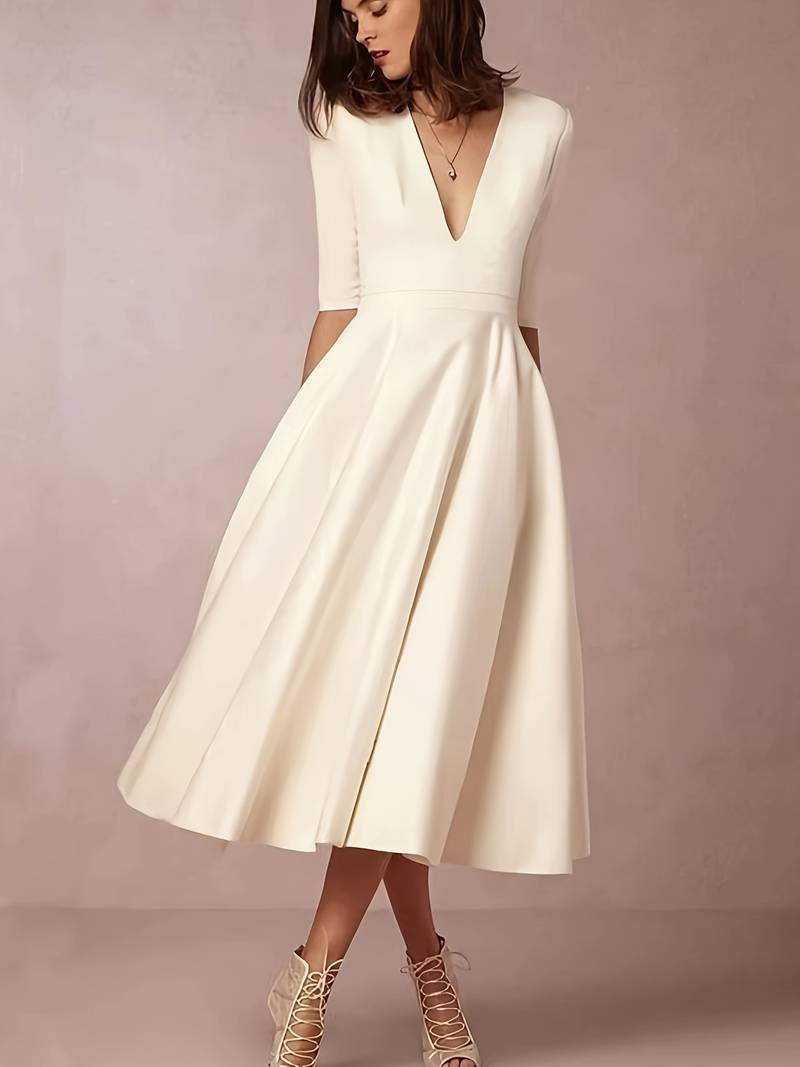 Daisy | Midi Wedding Guest Dress with Plunge V-Neck and Flared Skirt