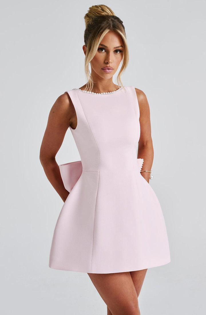 Rita | Mini Wedding Guest Dress with Boat Neck and Bow Back