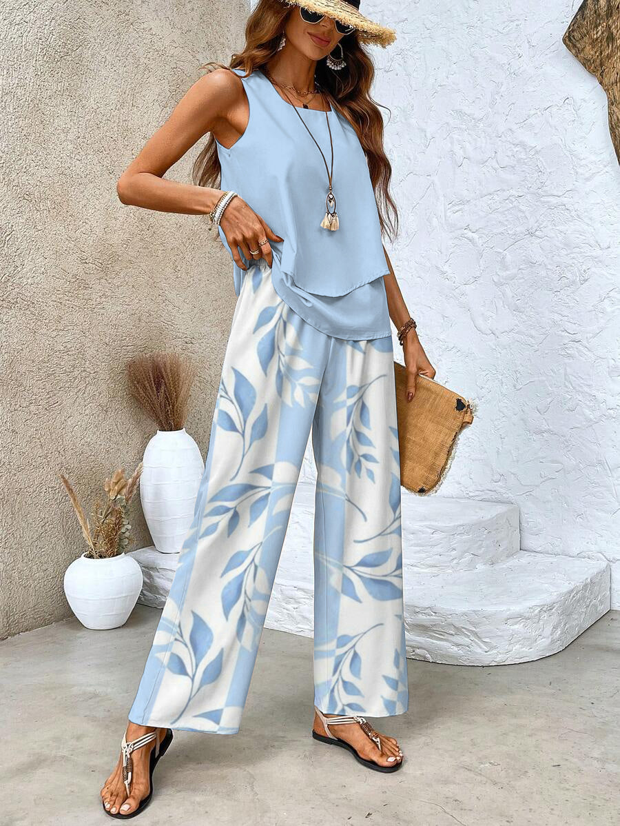 Lena | Two-Piece Wide-Leg Trousers Set with Leaf Print and Layered Top