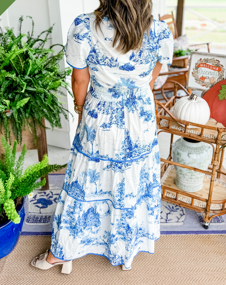 Nova | Midi Shirt Dress with Toile Print and Tiered Skirt