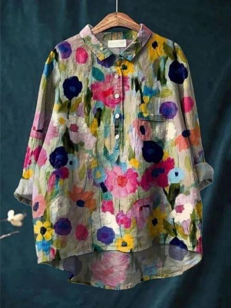 Flora | Floral Print Blouse with Shirt Collar and Long Sleeves