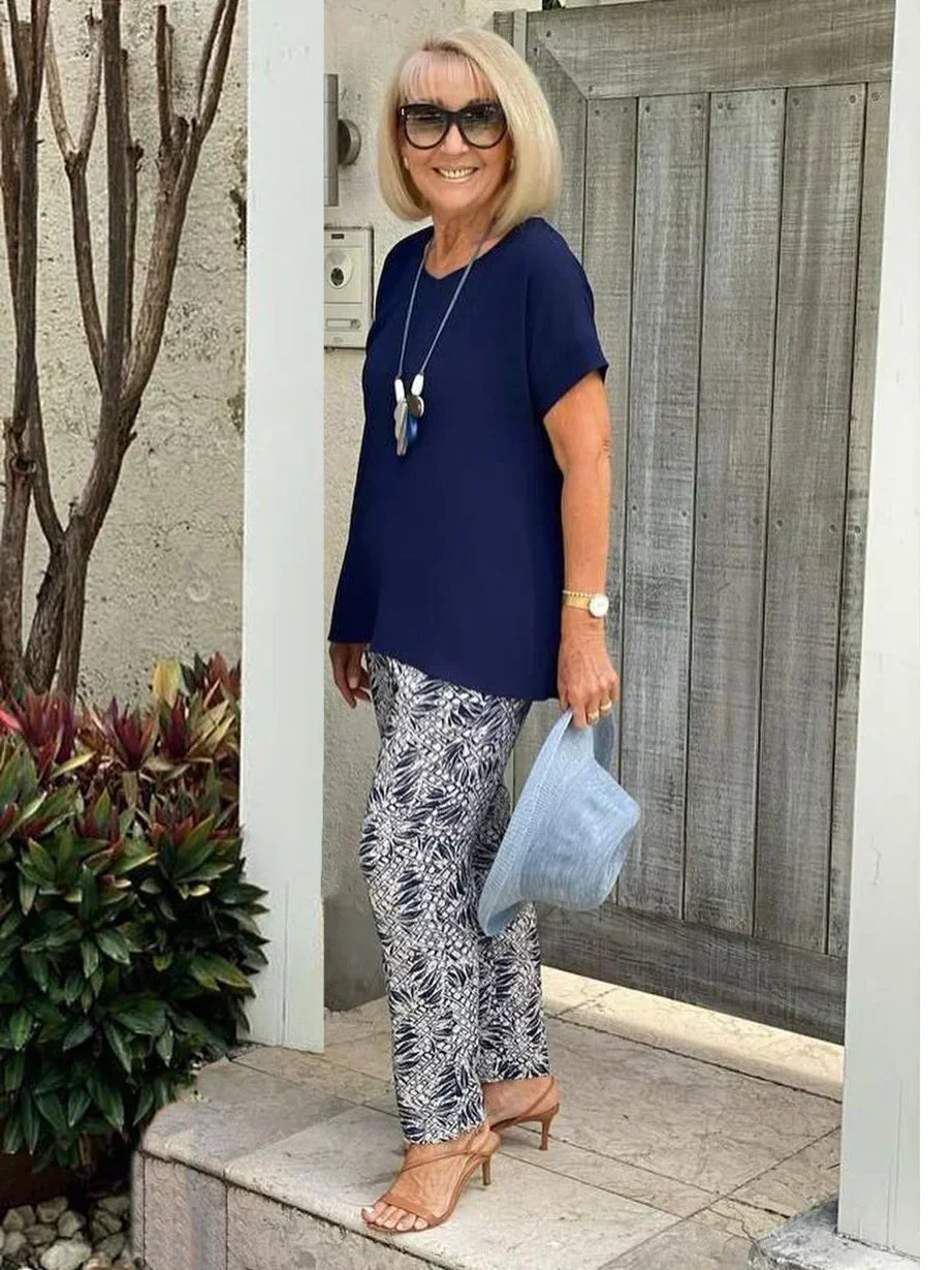 Vera | Matching Set with Abstract Print Trousers and Short Sleeve Top