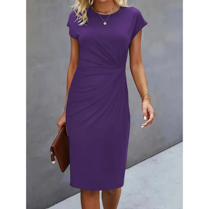 Anne | Midi Cocktail Dress with Ruched Bodice and Round Neck