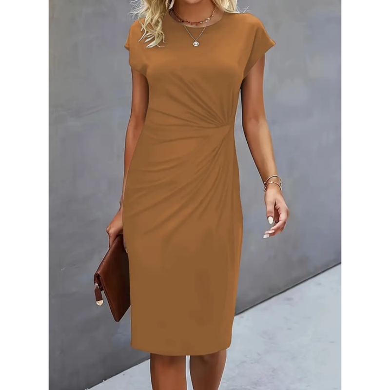 Anne | Midi Cocktail Dress with Ruched Bodice and Round Neck