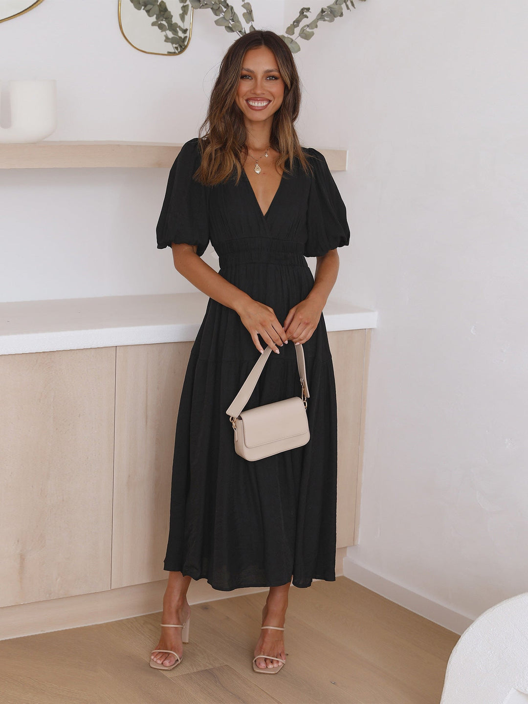 Enola | Midi Cocktail Dress with Puff Sleeves