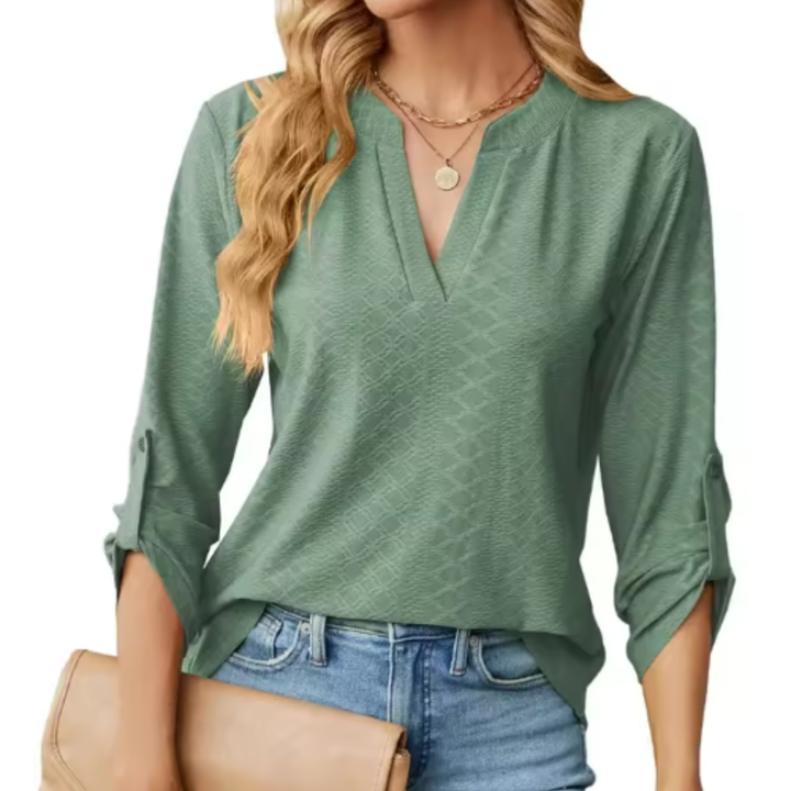 Vera | Waffle Textured Top with V-Neck and Long Sleeves