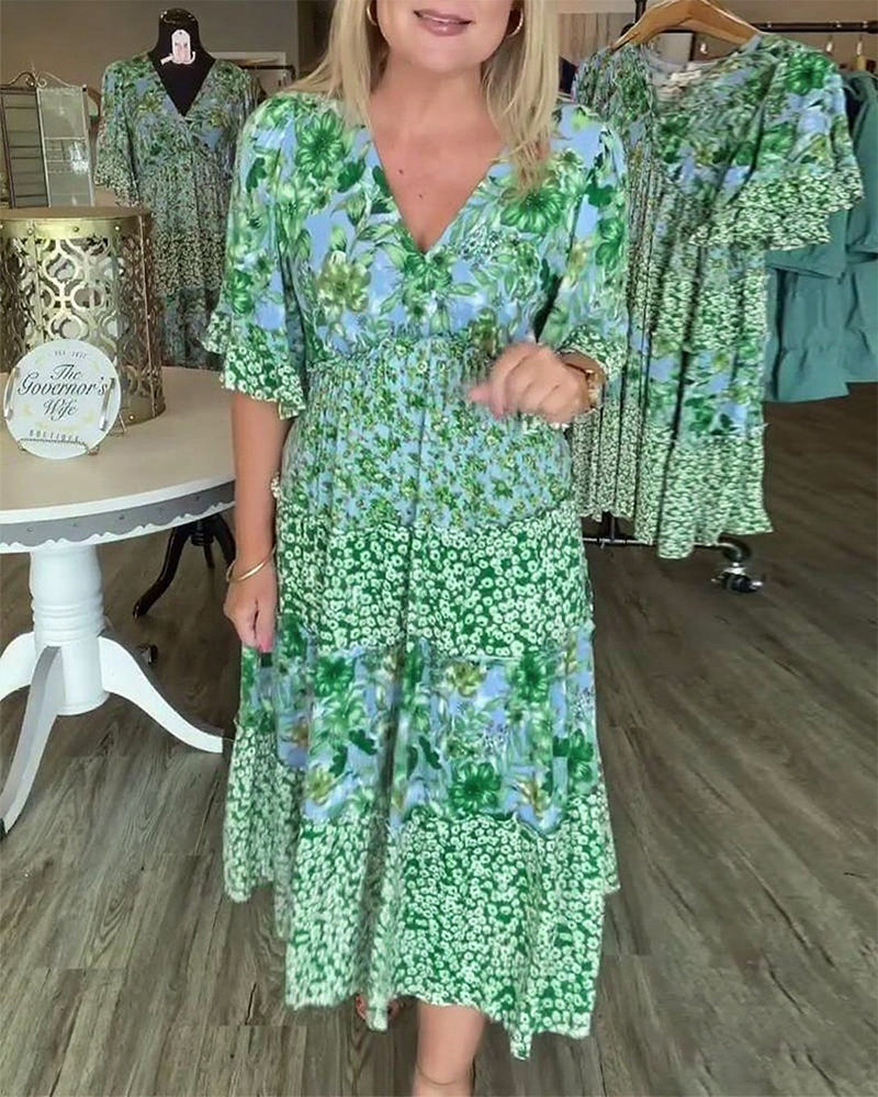 Sandra | Midi Summer Dress with Floral Print and V-Neck