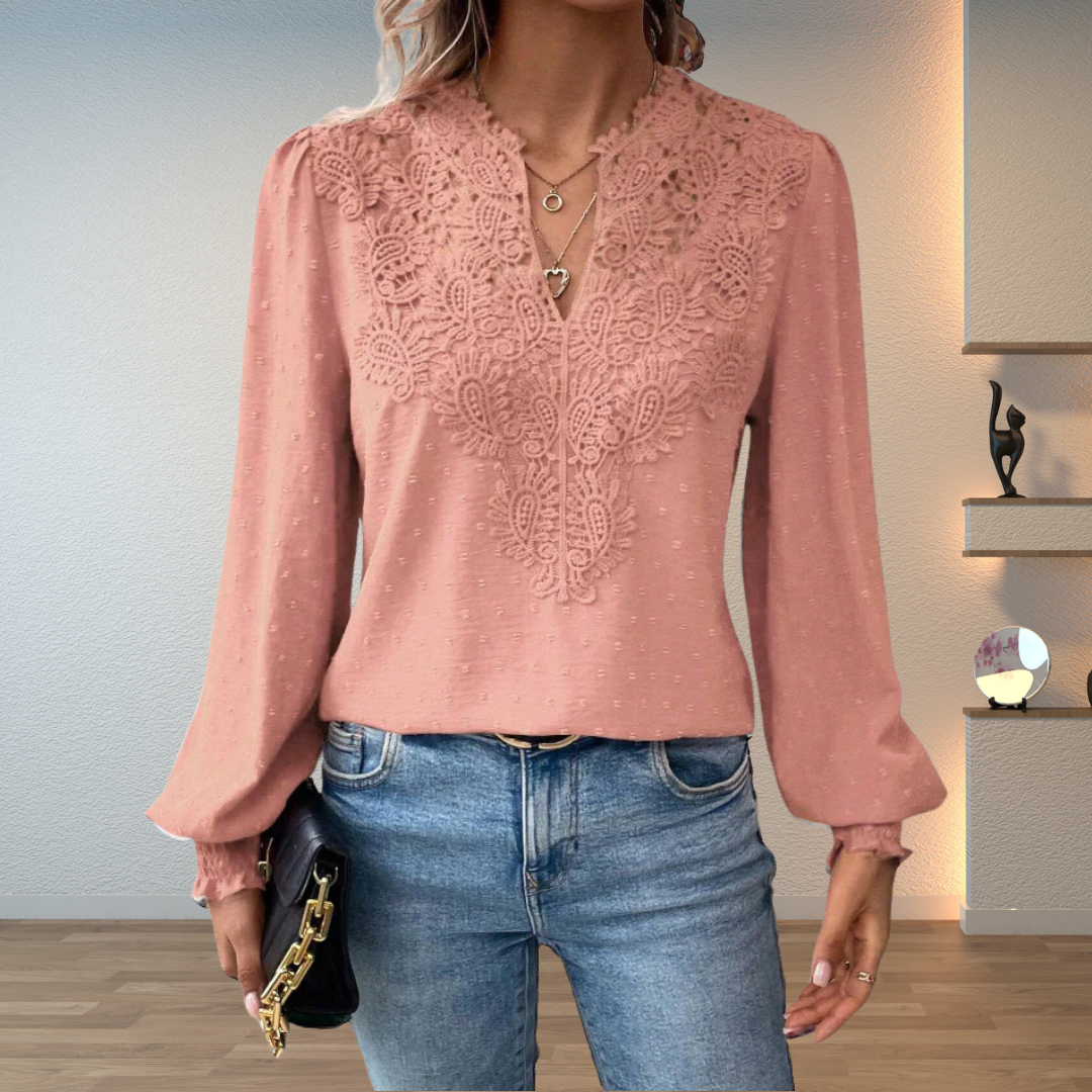 Vivian | Split V Neck Blouse with Lace Detail and Puff Sleeves