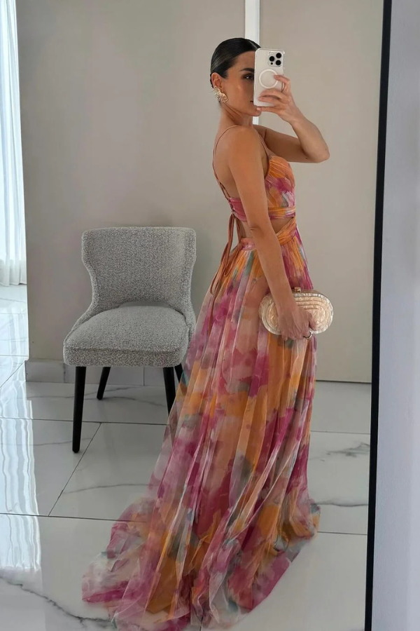 Hazel | Maxi Wedding Guest Dress with Floral Print and Pleated Skirt