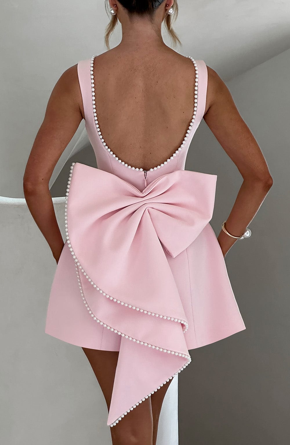 Amber | Mini Wedding Guest Dress with Pearl Trim and A-Line Cut