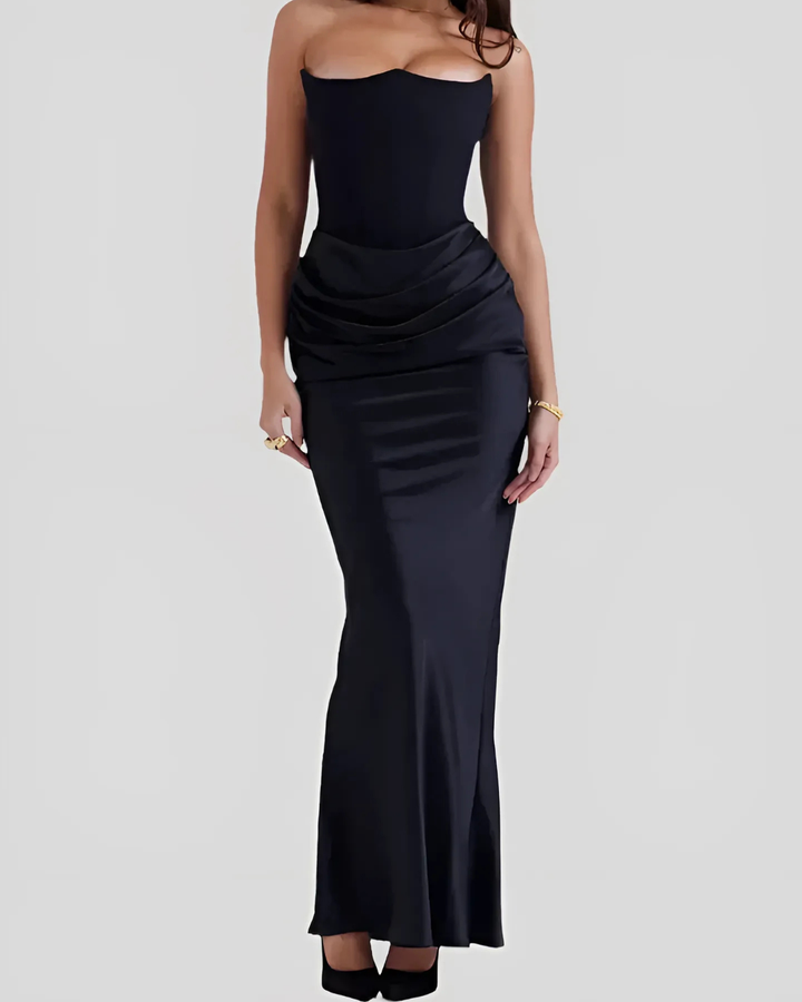 Jade | Maxi Wedding Guest Dress with Corset Bodice and Ruched Waist