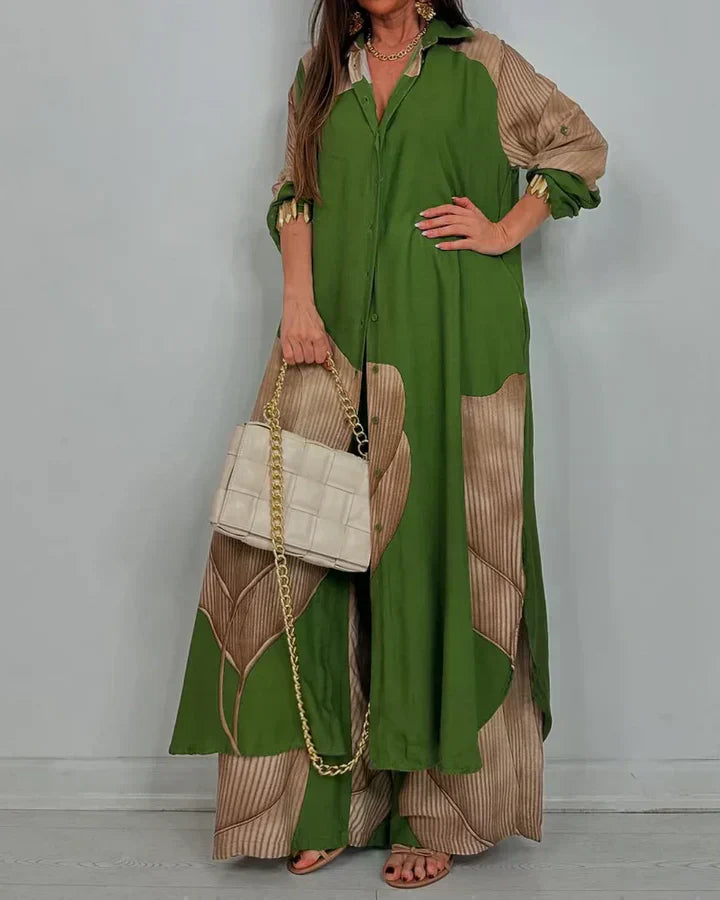 Nala | Abstract Print Two-Piece Set with Wide-Leg Trousers and Open Shirt