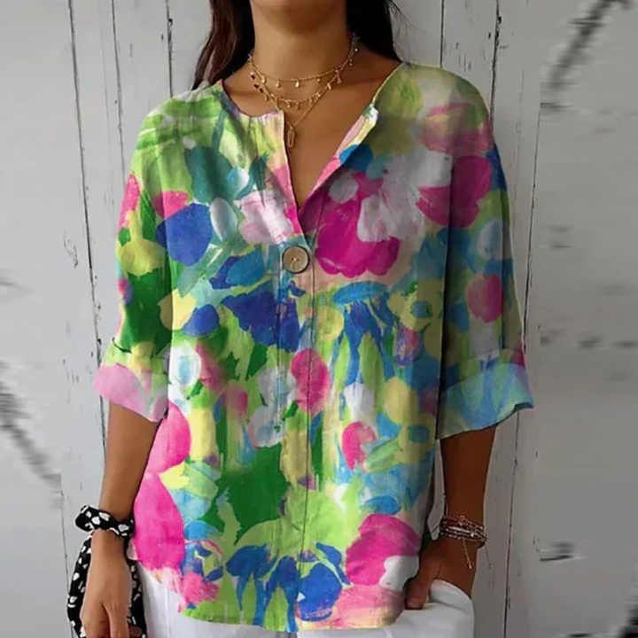 Roxy | Floral Print Blouse with V Neckline and Three Quarter Sleeves