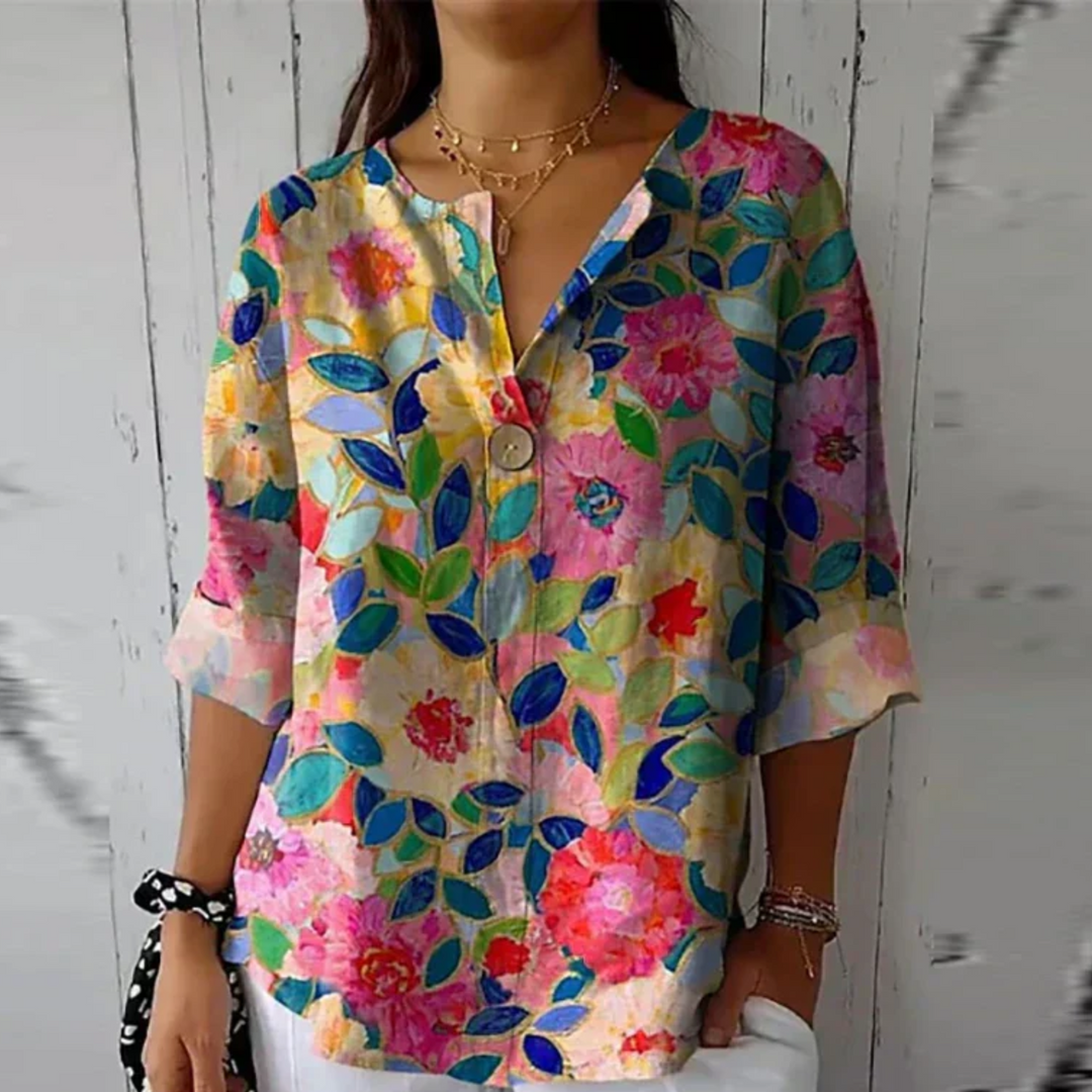 Roxy | Floral Print Blouse with V Neckline and Three Quarter Sleeves