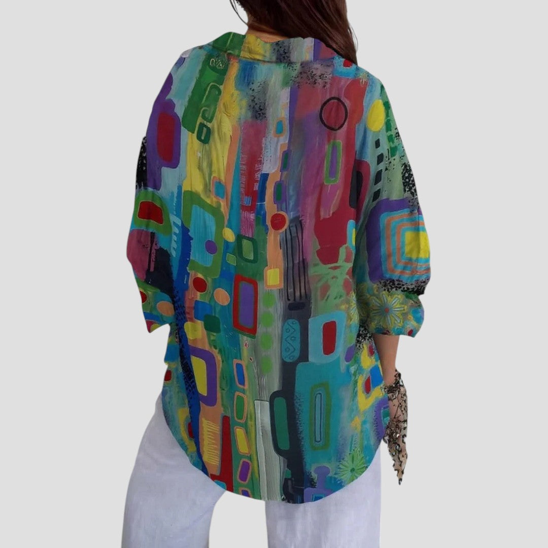 Freya | Abstract Print Top with Button Front and Long Sleeves
