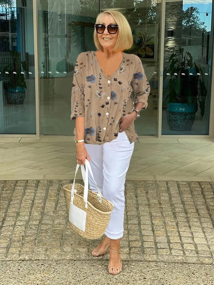 Penny | Floral Print Blouse with V Neckline and Button Front