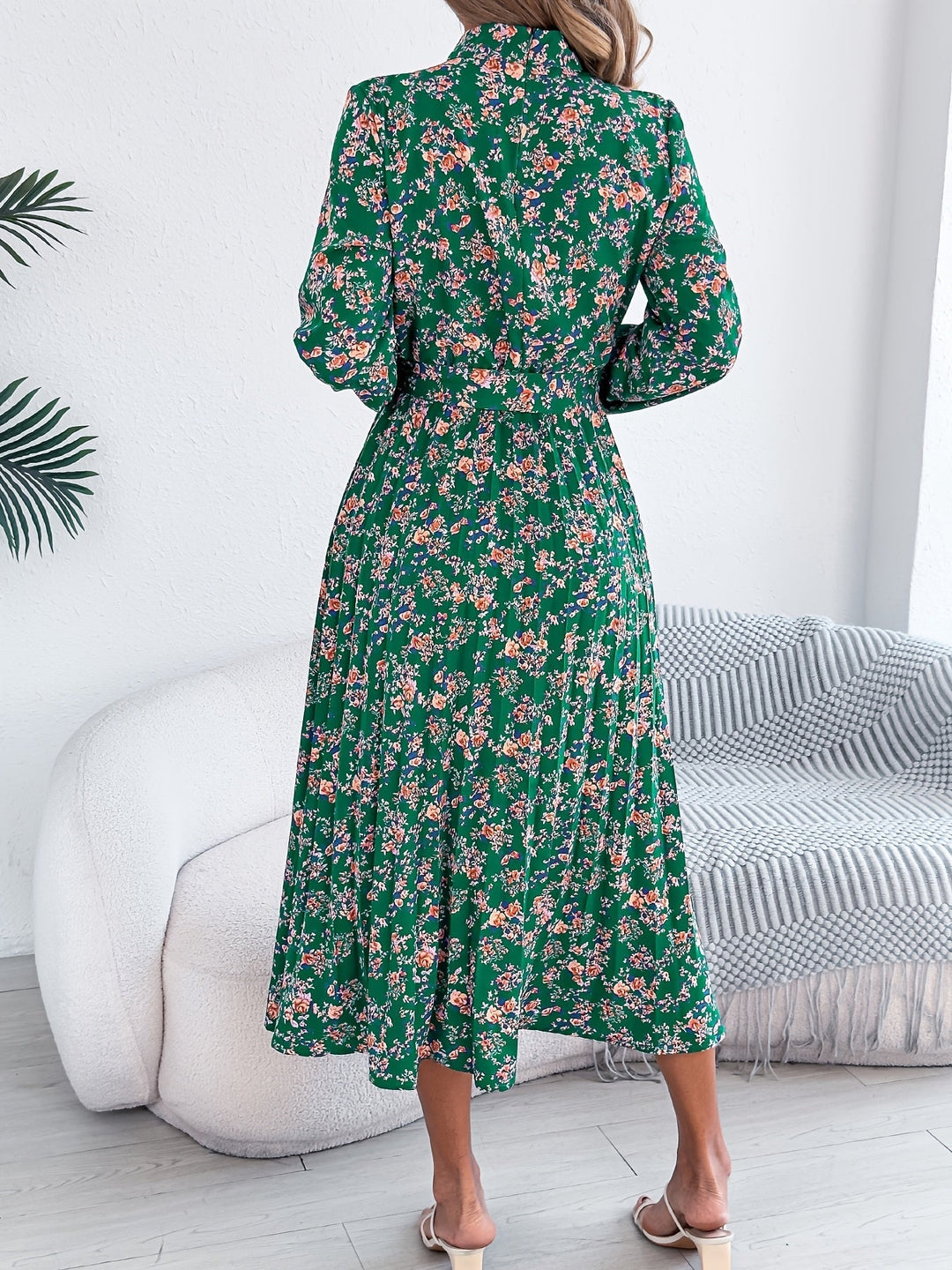 Sky | Midi Wedding Guest Dress with Floral Print and Long Sleeves