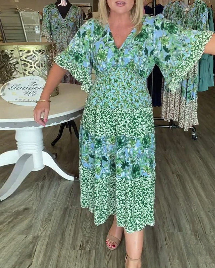 Sandra | Midi Summer Dress with Floral Print and V-Neck
