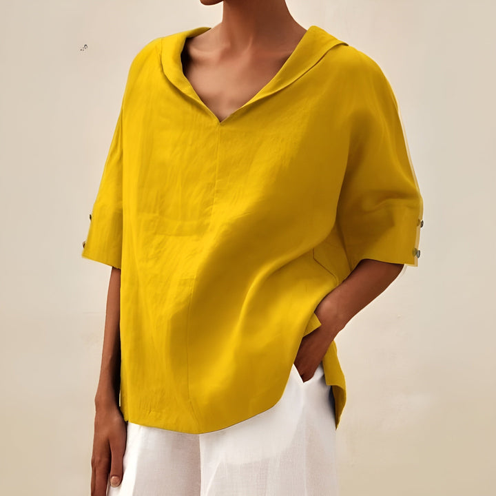 Ria | Linen Top with V-Neck Collar and Relaxed Fit