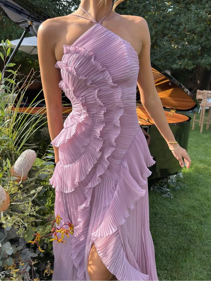 Avery | Maxi Wedding Guest Dress with Halter Neck and Pleated Skirt