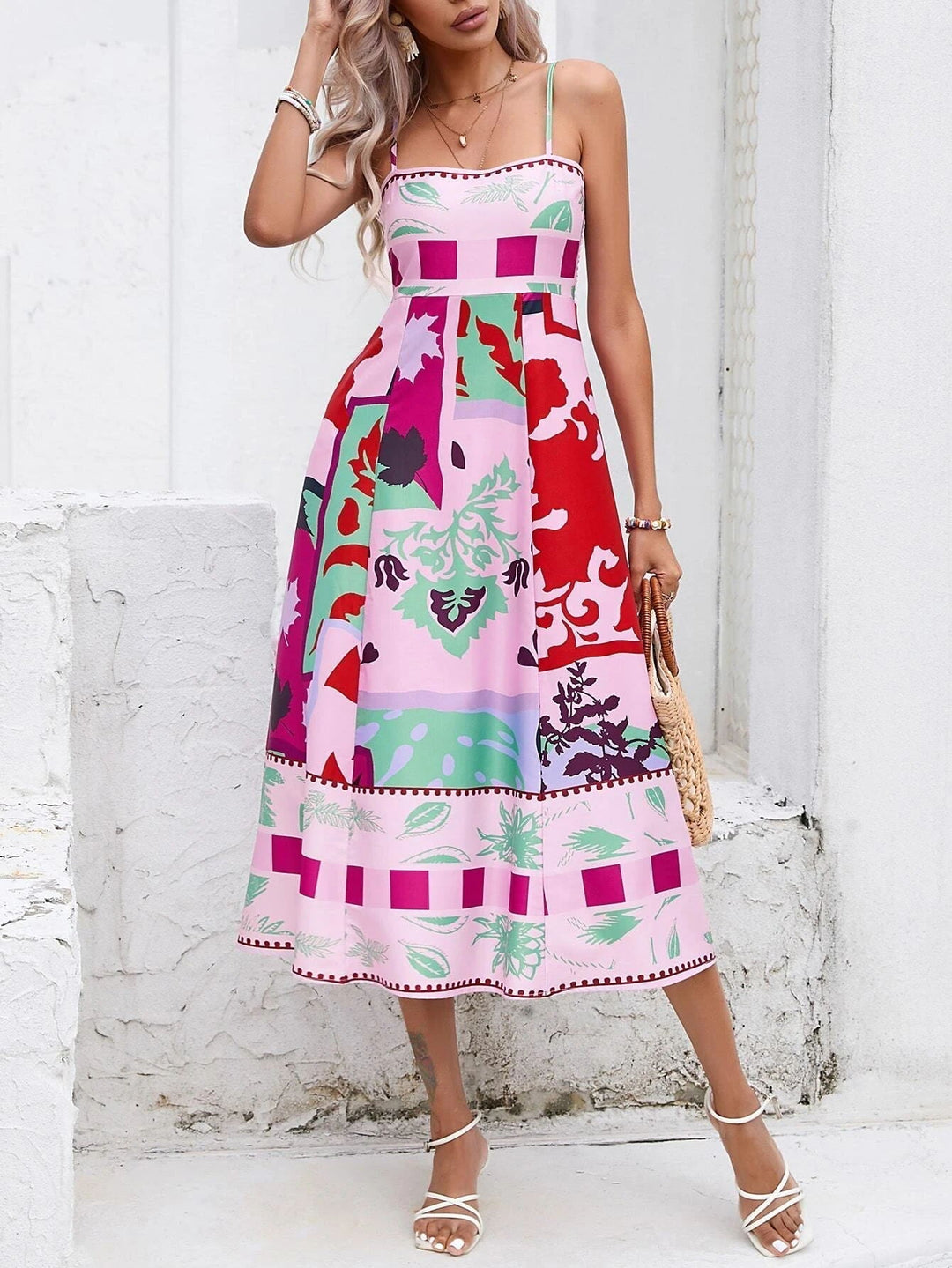 Eve | Midi Summer Dress with Abstract Print and Spaghetti Straps