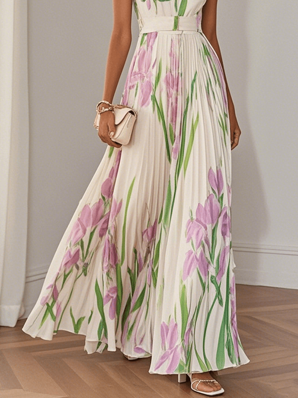 Tina | Maxi Wedding Guest Dress with Floral Print and Pleated Skirt