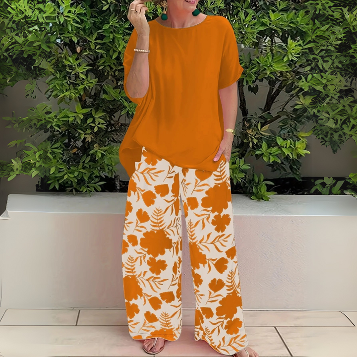 Dina | Matching Set with Floral Print Trousers and Short Sleeve Top