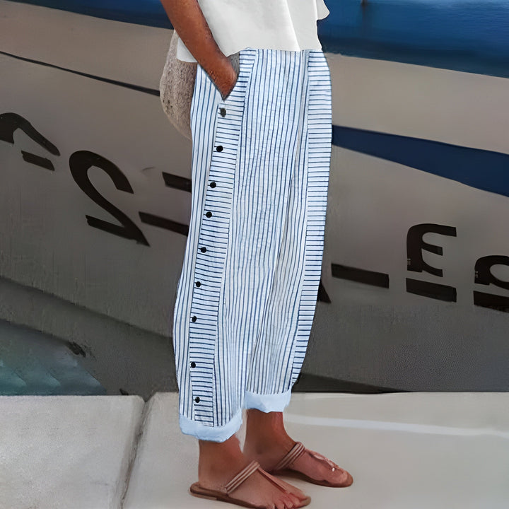 Lila | Wide Leg Trousers with Striped Print and Button Detail