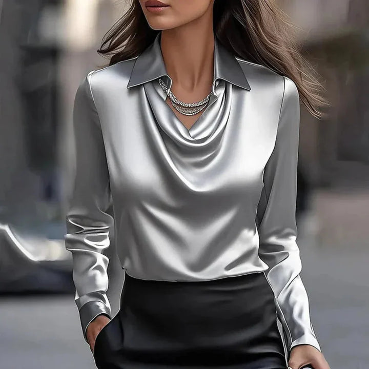 Ava | Draped Front Blouse with Shirt Collar and Long Sleeves