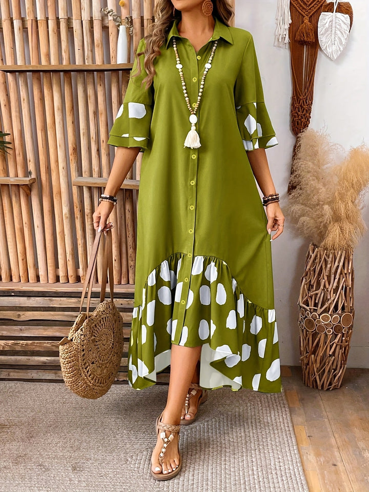 Amber | Midi Polka Dot Dress with Button Front and Ruffle Hem