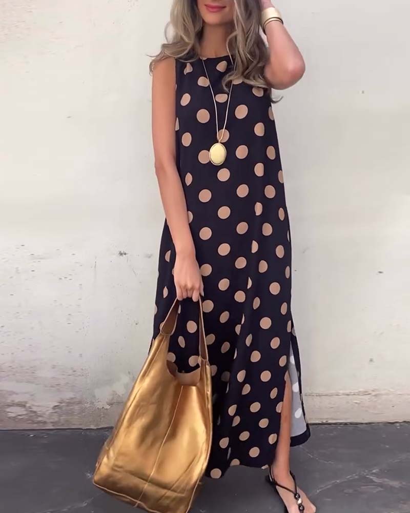 Vivian | Maxi Polka Dot Dress with Round Neck and Sleeveless Bodice