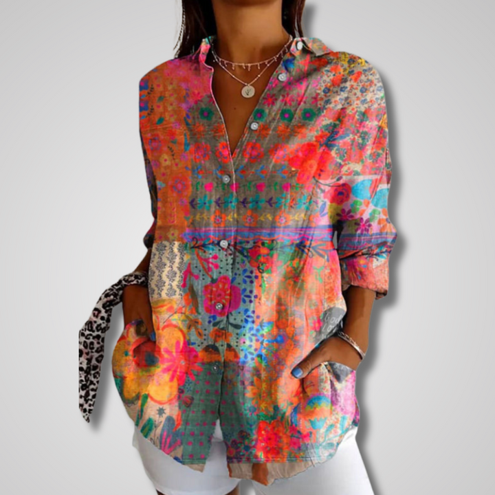 Siena | Boho Print Blouse with Shirt Collar and Button Front