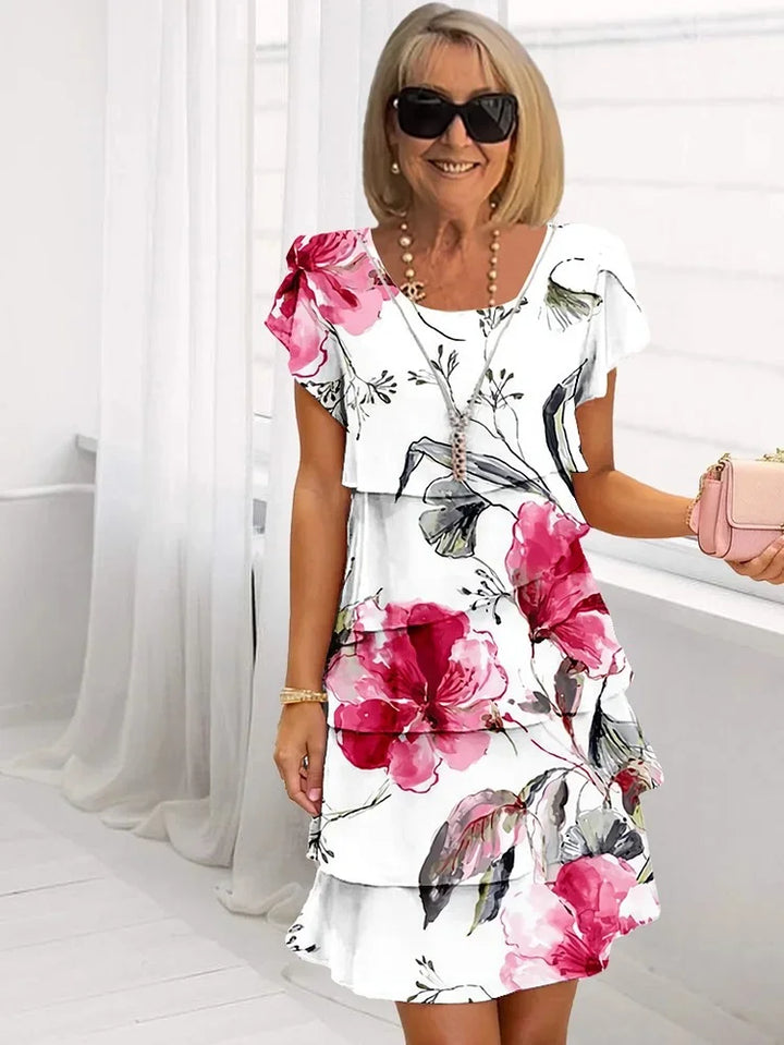 Loretta | Midi Wedding Guest Dress with Floral Print and Tiered Ruffles