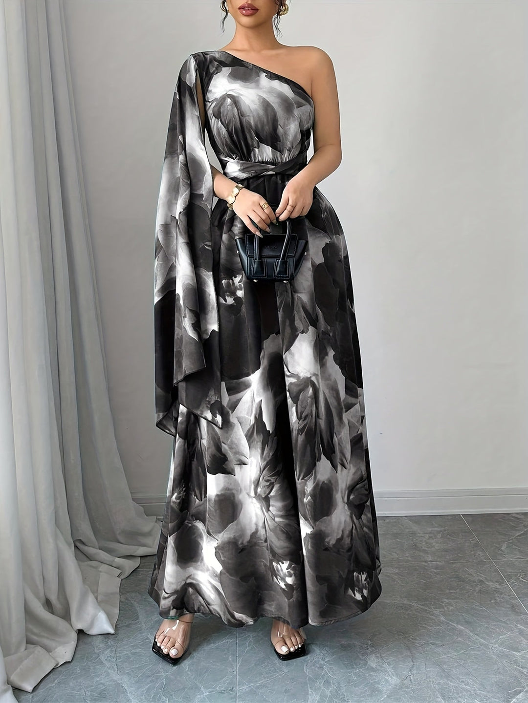 Irene | Maxi Wedding Guest Dress with One Shoulder and Floral Print