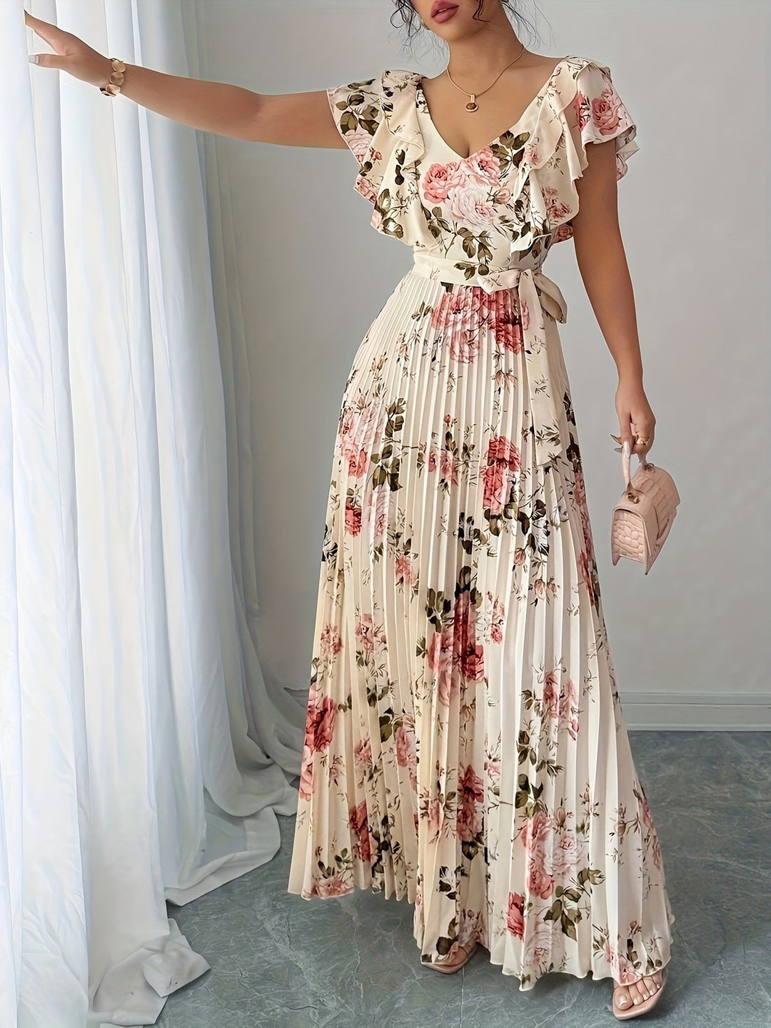 Flor | Maxi Wedding Guest Dress with Floral Print and Pleated Skirt