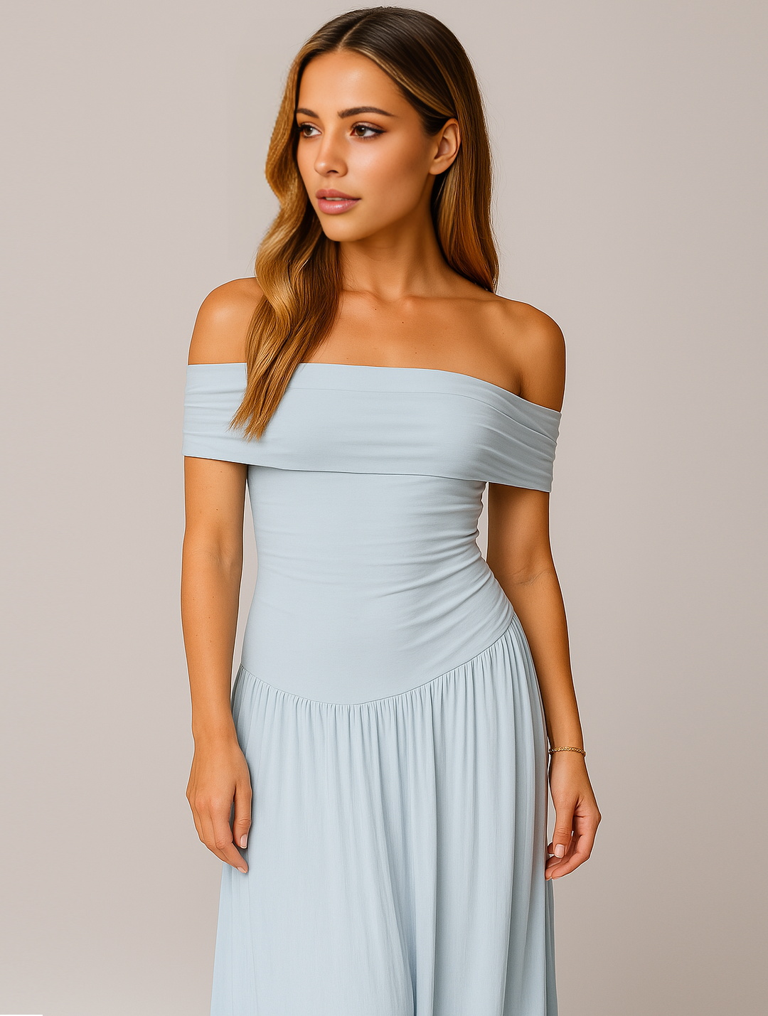 Isabel | Maxi Wedding Guest Dress with Off Shoulder and Pleated Skirt